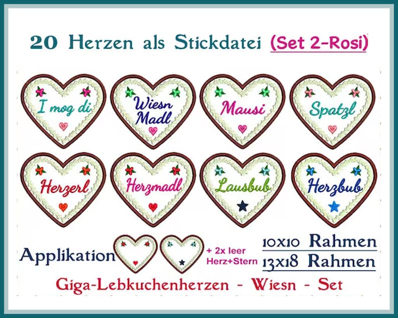 Stickdateien Herzen Nr. 2 Rosi Lebkuchenherzen Set, 20 Dateien, 10 Motive, ab 10x10 Rahmen, Applikationen, RockQueenEmbroidery Bild 1