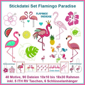 Stickdateien Flamingo Ananas Paradise, ITH Taschen Flamingos, Hibiskus, Sommer Blumen Zitrone, embroidery files RockQueenEmbroidery Bild 1
