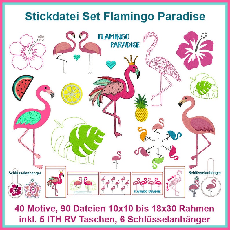 Stickdateien Flamingo Ananas Paradise, ITH Taschen Flamingos, Hibiskus, Sommer Blumen Zitrone, embroidery files RockQueenEmbroidery Bild 1