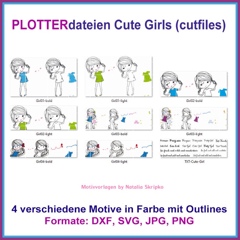 Plotter files cutting plot Cute Girls DXF SVG plotter template cutfile set girl cat RockQueenEmbroidery image 10