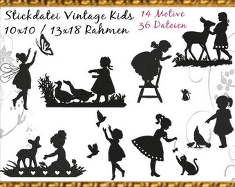 Stickdateien Vintage Kids Silhouette Scherenschnitte Mädchen, Katze, Reh ab 10x10 Gänse, Feen, Girl Embroidery Design RockQueenEmbroidery