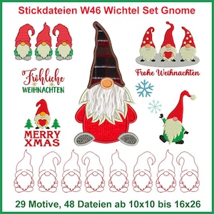 May include: A set of 29 gnome embroidery designs, including a large gnome with a plaid hat, a gnome with a heart, and a gnome with a snowflake. The designs are ideal for creating festive Christmas decorations.