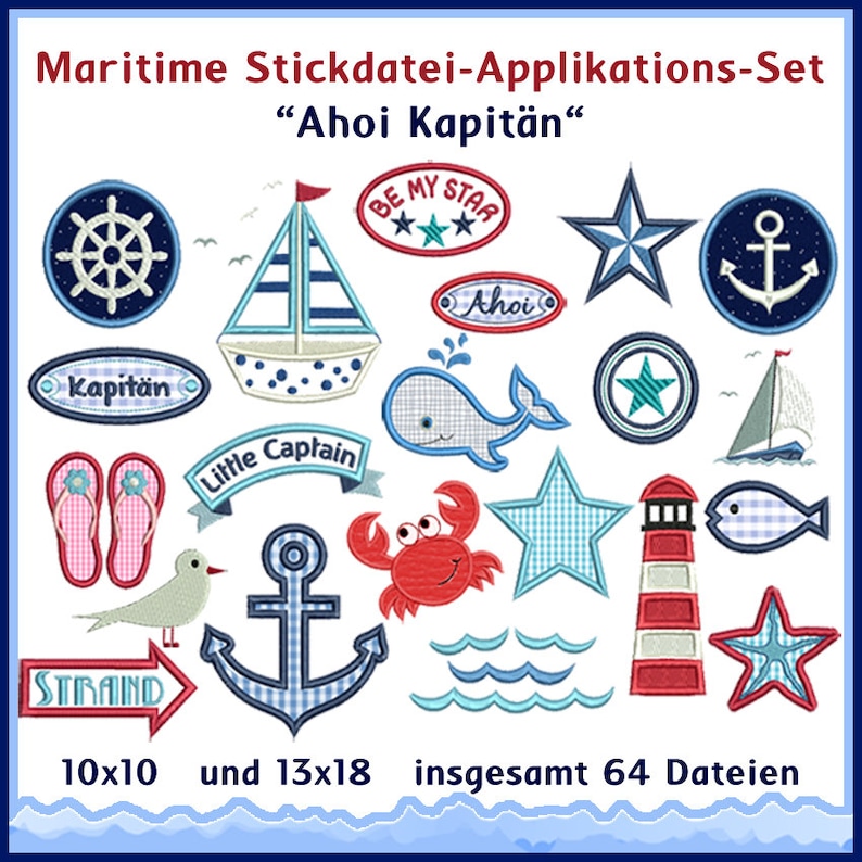 Stickdateien maritimes Set 'Ahoi' Verleihe deinen Projekten mit 42 einzigartigen Motiven eine maritime Note. Viel Spaß beim Sticken image 1