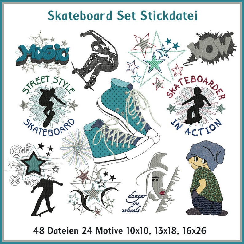 Stickdateien 48 Dateien Skateboard Set Stickmuster Junge Spaß Sneaker Sterne Applikation embroidery files RockQueenEmbroidery Bild 1