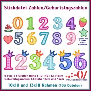 Stickdateien Zahlen Kronen Zahlen Geburtstag ab 10x10 Applikationen Appli Stern Herz Stickmuster Nummern Birthday crowns RockQueenEmbroidery Bild 1