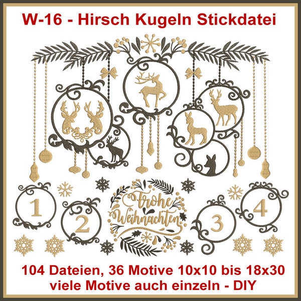 Stickdateien Hirsch Kugeln W16 Weihnachten Stickmuster 104 Dateien Rehe Hirsche Kugeldesignt embroidery files RockQueenEmbroidery