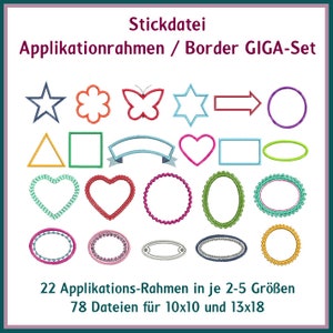 May include: A set of 22 embroidery designs for machine embroidery. The designs include various shapes, such as stars, hearts, circles, and ovals. The designs are in different colours, including red, blue, green, and yellow. The designs are perfect for creating appliques, borders, and other decorative elements.