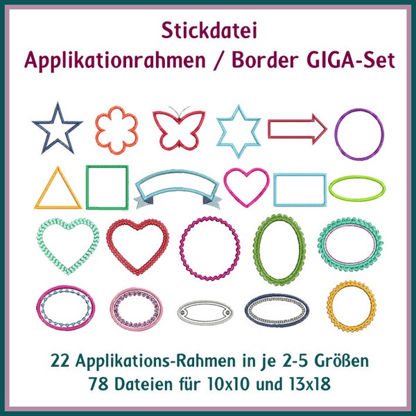 74 einzigartige Rahmen Stickdateien für kreative Applikationen und  Schriften. Perfekt für 10x10 cm, 13x18 cm & 14x20 cm Rahmen.