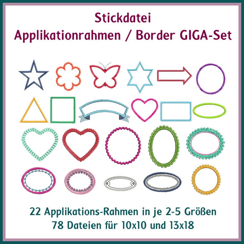 74 einzigartige Rahmen Stickdateien für kreative Applikationen und Schriften. Perfekt für 10x10 cm, 13x18 cm & 14x20 cm Rahmen. Bild 1