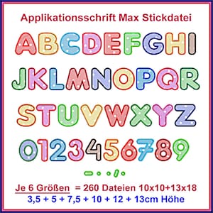 Puede incluir: Un alfabeto y números coloridos con lunares blancos. Las letras y los números están delineados en negro y tienen un efecto 3D. El texto debajo dice "Je 6 Größen = 260 Dateien 10x10+13x18 3,5+5+7,5 + 10 + 12 + 13cm Höhe".