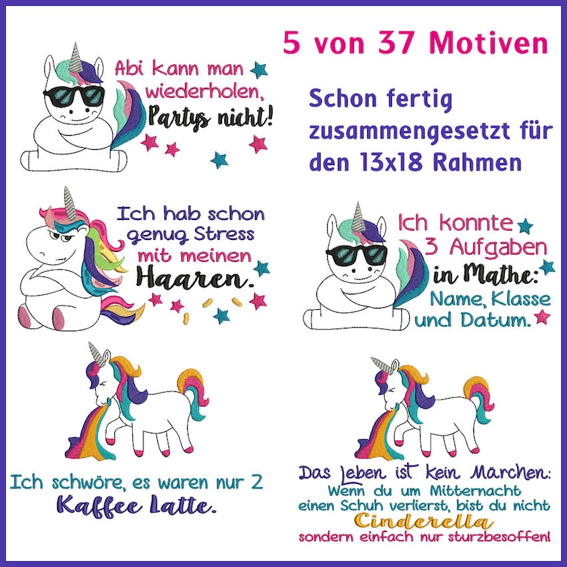 Stickdateien Crazy Unicorn Einhorn Set, verrücktes Einhorn, freche Sprüche, ab 10x10 Rahmen, 108 Dateien, 37 Motive, RockQueenEmbroidery Bild 4