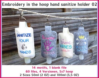 Stickdateien Set 02 Desinfektionsmittel Halter 13x18 ITH 50ml, 2 OZ, 100ml 3,5 OZ, hand sanitize holder in the hoop 5x7 RockQueenEmbroidery