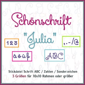 Stickdateien ABC Buchstaben Alphabet Zahlen &quot;Julia&quot; A-Z, ab 10x10, Schrift, Stickmuster Schönschrift Schreibschrift RockQueenEmbroidery