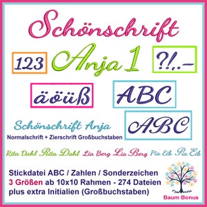 Könnte beinhalten: Ein farbenfrohes Bild, das eine digitale Stickfontsammlung bewirbt. Das Bild zeigt die Worte "Schönschrift Anja" in rosa und grüner Schrift. Das Fontsortiment umfasst Buchstaben, Zahlen und Sonderzeichen. Das Bild enthält auch eine kleine Baumgrafik mit dem Text "Baum Bonus".