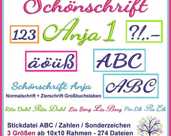 Stickschrift Anja 1: Buchstaben, Schriften, Zahlen, Initialen mit Umlauten. Schönschrift & Schreibschrift für einzigartige Projekte.