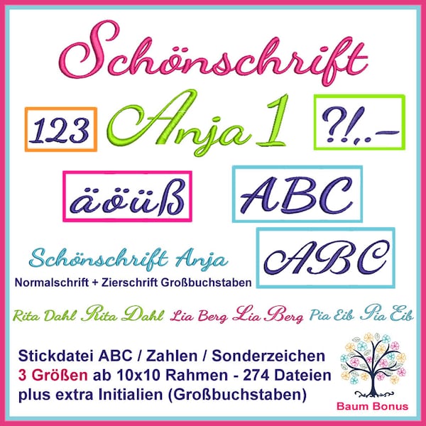 Stickschrift Anja 1: Buchstaben, Schriften, Zahlen, Initialen mit Umlauten. Schönschrift & Schreibschrift für einzigartige Projekte.