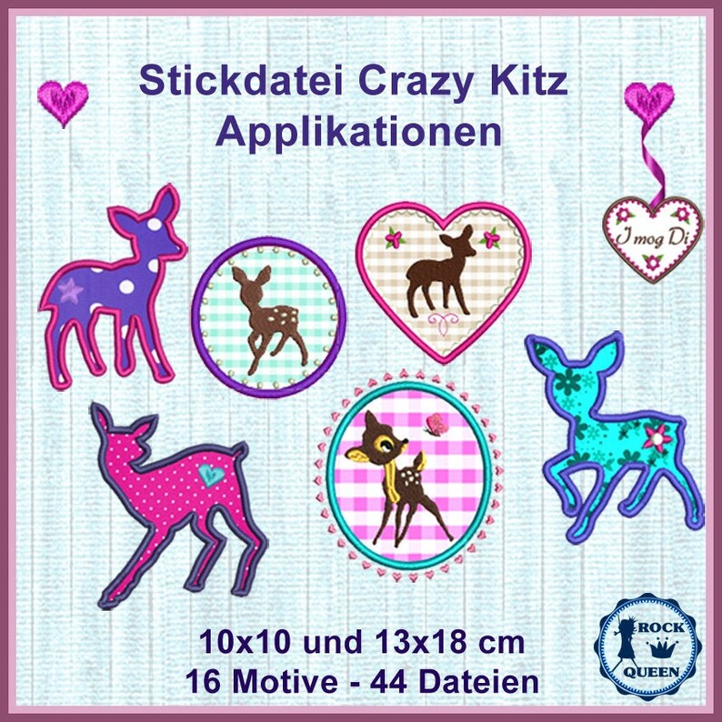 Stickdateien Crazy Kitz Rehe Bambi Applikationen, Stickmuster Baby, Geburt, 44 Dateien, ab 10x10 Rahmen, mit Rahmen, RockQueenEmbroidery Bild 2