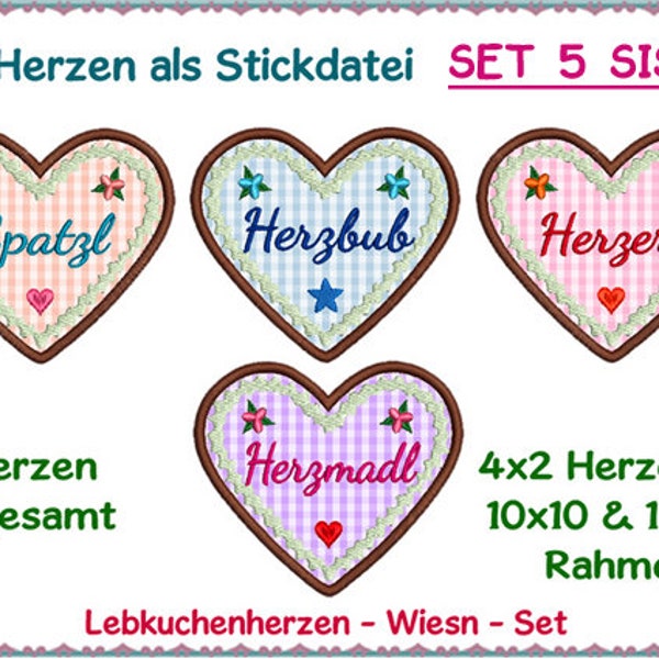 Stickdateien Herzen Nr. 5 Sissi Lebkuchenherzen Set, Dirndl, Herzbub, Herzmadel, Spatzl, Herzerl,  ab 10x10 Rahmen, RockQueenEmbroidery