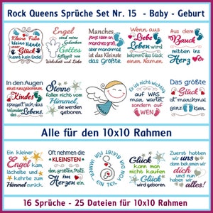 Stickdateien Sprüche Set Nr 15 Baby Geburt 10x10cm Geburtstag, Taufe, Babyshower Newborn Neugeboren Windel Stickmuster RockQueenEmbroidery Bild 1