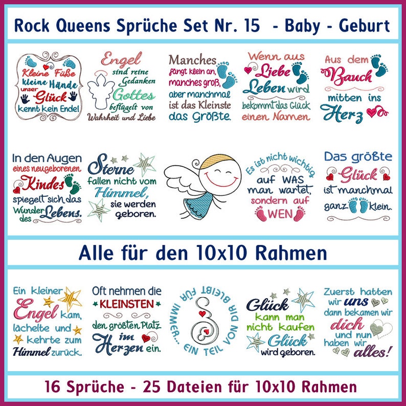 Stickdateien Sprüche Set Nr 15 Baby Geburt 10x10cm Geburtstag, Taufe, Babyshower Newborn Neugeboren Windel Stickmuster RockQueenEmbroidery Bild 1