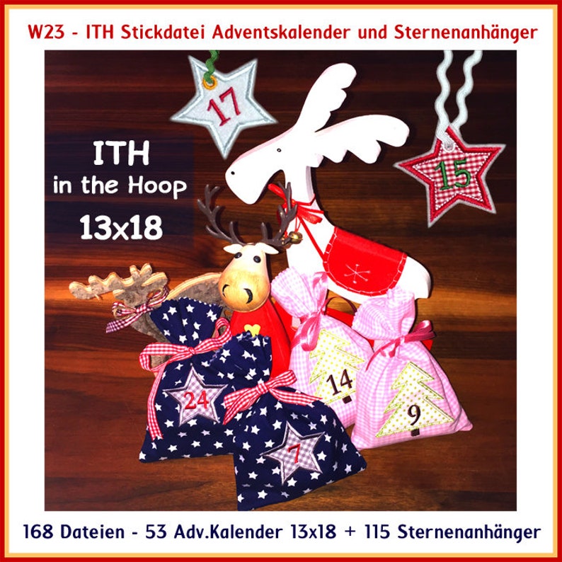 Stickdateien 168 Dateien W27 ITH Adventskalender Säckchen und Anhänger 13x18 Sternanhänger und Säckchen embroidery files RockQueenEmbroidery Bild 1