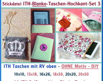 Stickdateien ITH Reißverschluss Hochkant Taschen Set 3, Blanko Taschen, komplett in der Stickmaschine, ab 10x10 Rahmen, RockQueenEmbroidery