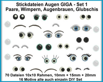 Embroidery Files Eyes Set 1 Eyes, Eyelashes, Eyebrows, Glubschies, Pairs of Eyes for Cuddly Toys, Puschen, Dolls RockQueenEmbroidery