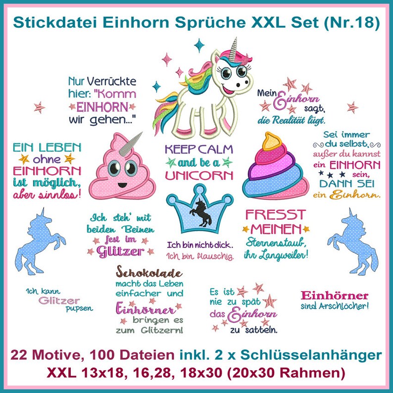 Stickdatei Einhorn Xxl Sprüche Set Nr 18 Stickmuster Etsy