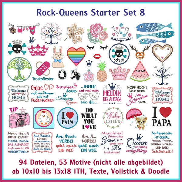 Stickdateien Rock-Queens Starter Set 8 Totenkopf, Fische, Blumen, Herz Brezel, Melone, Krone, Baum Foto embroidery files RockQueenEmbroidery