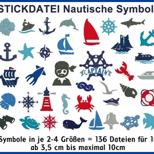 Könnte beinhalten: Eine Sammlung von 40 Stickdateien mit nautischen Motiven, darunter ein Segelboot, ein Anker, ein Kompass, ein Leuchtturm und ein Seepferdchen. Die Designs sind in 2-4 Größen erhältlich, von 3,5 bis 10 cm.