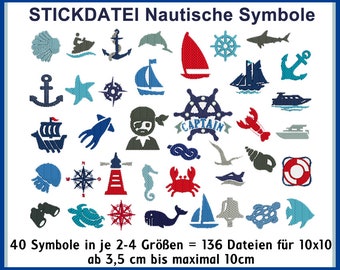 Stickdateien Nautic Icons maritime Symbole, Maritim, Mini Icons, 36 Symbole, 10x10 Rahmen, verschiedene Größen, RockQueenEmbroidery