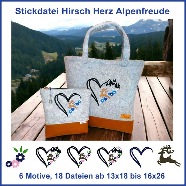 Stickdateien Set Hirsch, Blüten, Blumen Herz - Für individuelle Designs. Alpenliebe und Kreativität für das perfekte Projekt.