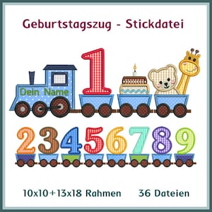 Stickdateien Geburtstagszug Applikation, Wagon mit Torte, große Zahlen im Anhänger, eigene Namen, 22 Motive, 37 Dateien RockQueenEmbroidery Bild 1