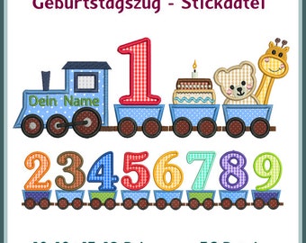 Stickdateien Geburtstagszug Applikation, Wagon mit Torte, große Zahlen im Anhänger, eigene Namen, 22 Motive, 37 Dateien RockQueenEmbroidery