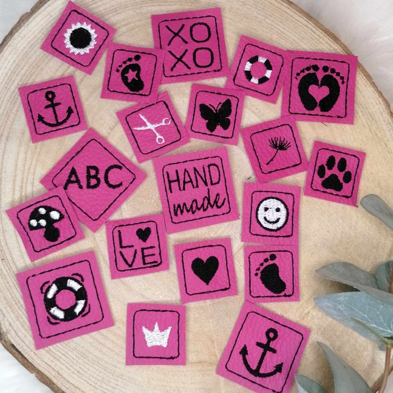 Stickdateien Mini Labels Nr. 4 Aufnäher Patches mit 18 Icons Minis für den 10x10 Rahmen. So wird jedes genähte Teil ein Unikat. Bild 4