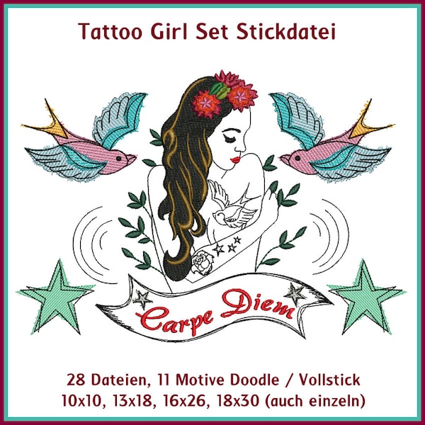 Stickdateien Tattoo Girl Set, ab 10x10 Rahmen, Mädchen, Schwalben, 28 Dateien, 11 Motive, Doodle und Vollstick, RockQueenEmbroidery