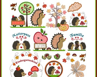 Embroidery files Autumn Hedgehog Family Autumn Set Applique Leaf Leaves Chestnuts
