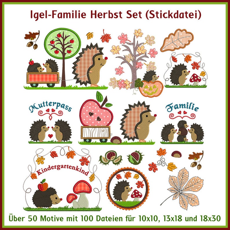 Stickdateien Herbst Igel Familie Herbst Set Applikation applique Blatt Blätter Kastanien Bild 1