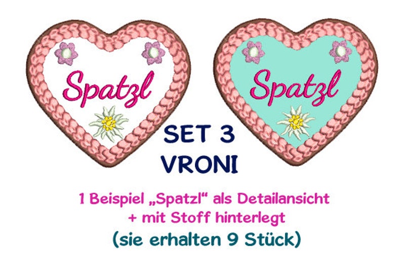 Stickdateien Set Vroni: Süße Lebkuchenherzen für kreative Applikationsprojekte Entdecke 9 einzigartige Designs in 100x86 mm Größe. Bild 3