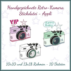 May include: Three hand-drawn retro camera designs in pink, green, and white with a star and text bubble accents. The text in the bubbles reads "VIP" and "Retro Baby". The text below the cameras reads "10x10 und 13x18 Rahmen - 10 Dateien".