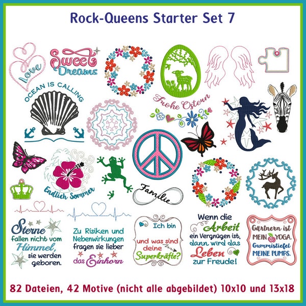 Stickdateien Rock-Queens Starter Set 7 Schmetterling Meerjungfrau Frosch Krone Muschel EEG Blume Ostern embroidery files RockQueenEmbroidery