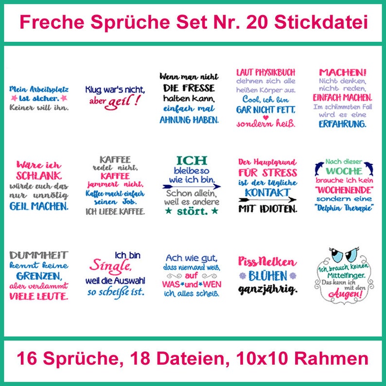 Stickdateien Sprüche Set Nr. 20 10x10 cm: Kreative Texte für kleine Rahmen. Bild 1