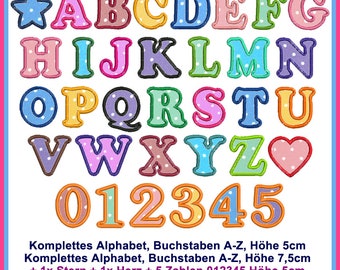 Stickdateien ABC Applikationen Buchstaben "Jan" Alphabet Schriften, Appli Applique ab 10x10, 58 Dateien 1 Herz, 1 Stern, RockQueenEmbroidery