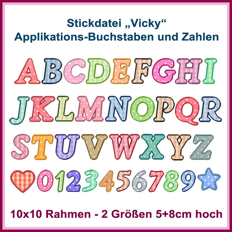 Stickdateien Applikationsalphabet VICKY: Kreatives Set für Buchstaben und Zahlen für individuelle Applikationen Bild 1