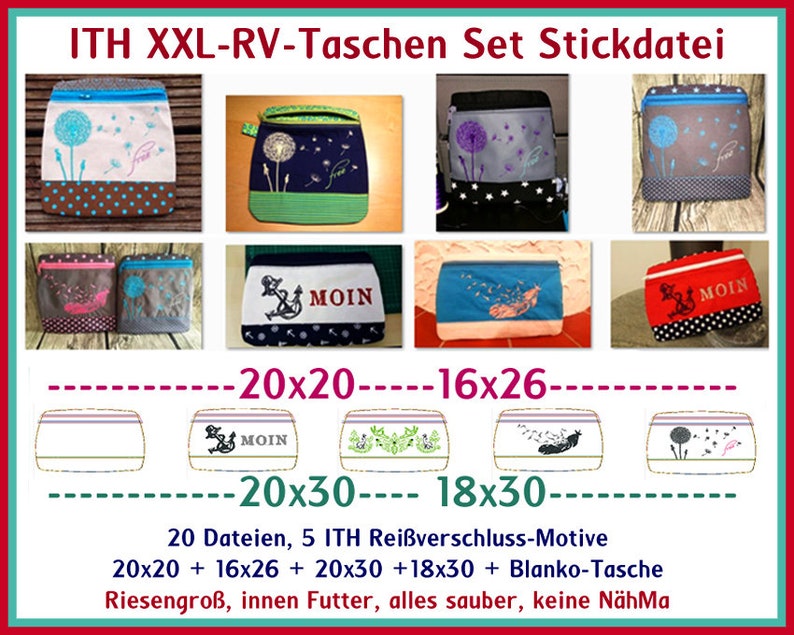 Stickdateien ITH XXL Reißverschluss Taschen Set, 20 Dateien, in der Stickmaschine, ab 16x26 Rahmen, Beauty Taschen, RockQueenEmbroidery Bild 1