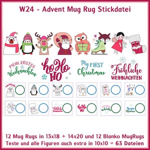 Stickdateien Weihnachten Doodle Mug Rug DIY W24. Schöne Untersetzer für den Advent mit vielen Motiven