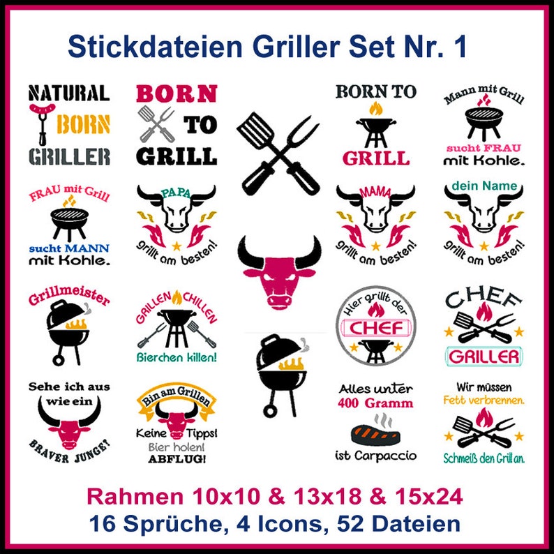 Stickdateien Griller Set Nr. 1, Grillen, 28 Dateien, Grill Chef Fleisch Grillen BBQ Steak, Party, Bier, embroidery files RockQueenEmbroidery Bild 10