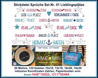 Stickdateien Stickmuster Sprüche Set Nr 41 Hafen 116 Files  Lieblingsplatz Heimathafen Anker Platz Ankerplatz places RockQueenEmbroidery