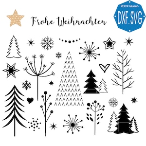Könnte beinhalten: Schwarz-weißes Weihnachts-Clipart-Set mit Bäumen, Sternen, Schneeflocken, Herzen und anderen festlichen Elementen. Der Text "Frohe Weihnachten" ist im Bild enthalten.