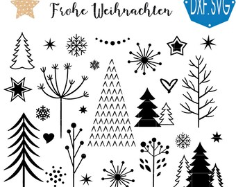 May include: Black and white Christmas clip art set featuring trees, stars, snowflakes, hearts, and other festive elements. The text "Frohe Weihnachten" is included in the image.